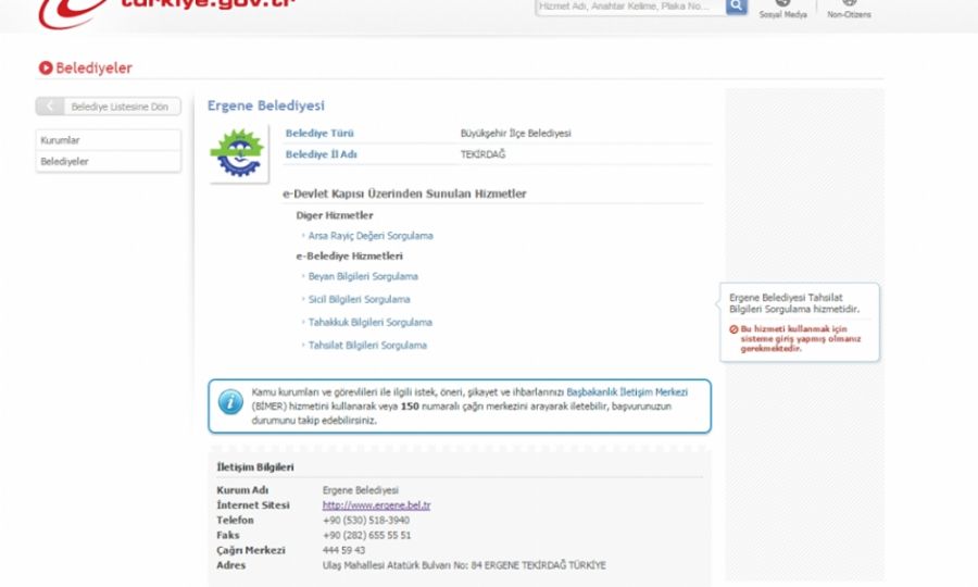 Ergene Belediyesi lemleri E- Devletten Yaplabilecek